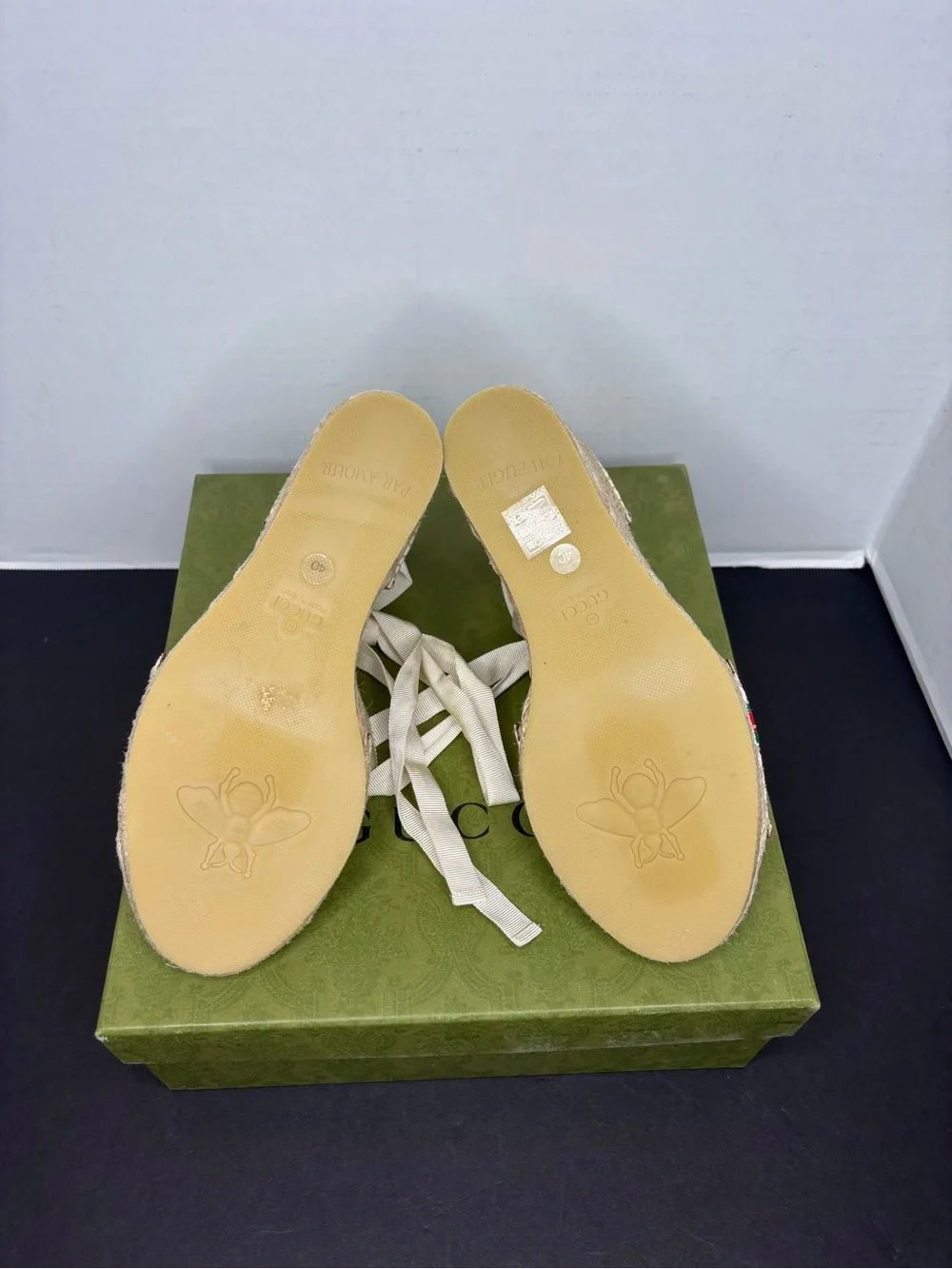 Gucci Cream Canvas Espadrille Wedges with Green and Red Stripe